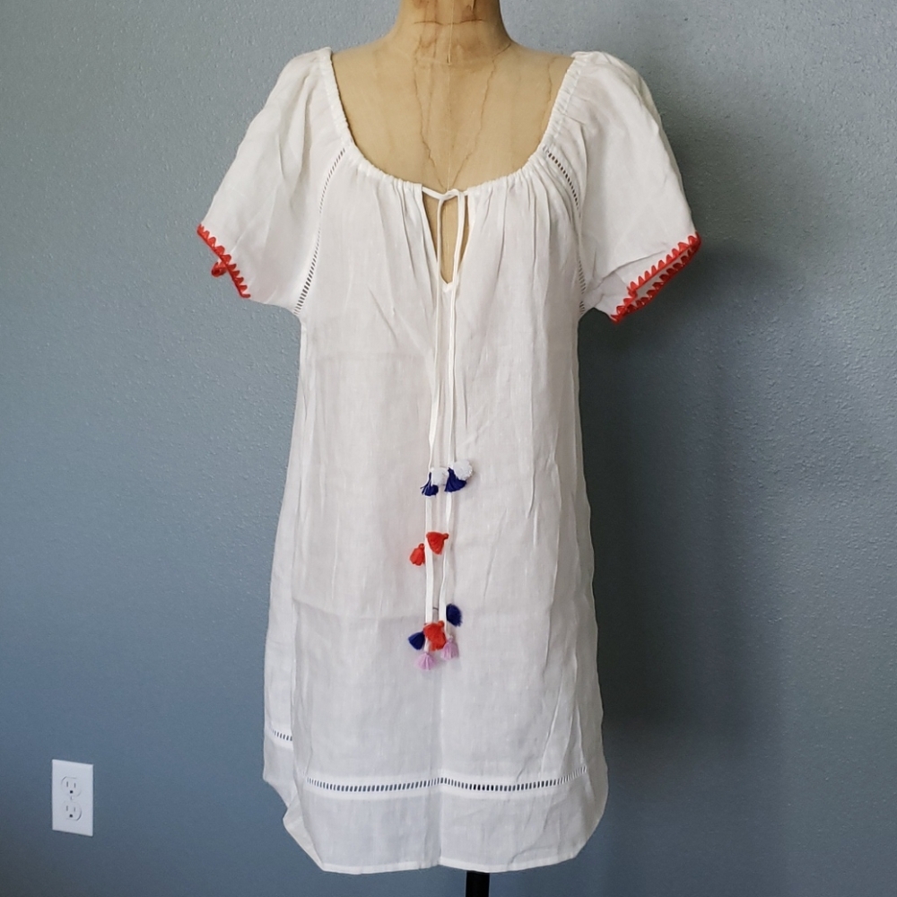 J Crew linen blend white summer dress with tassels
